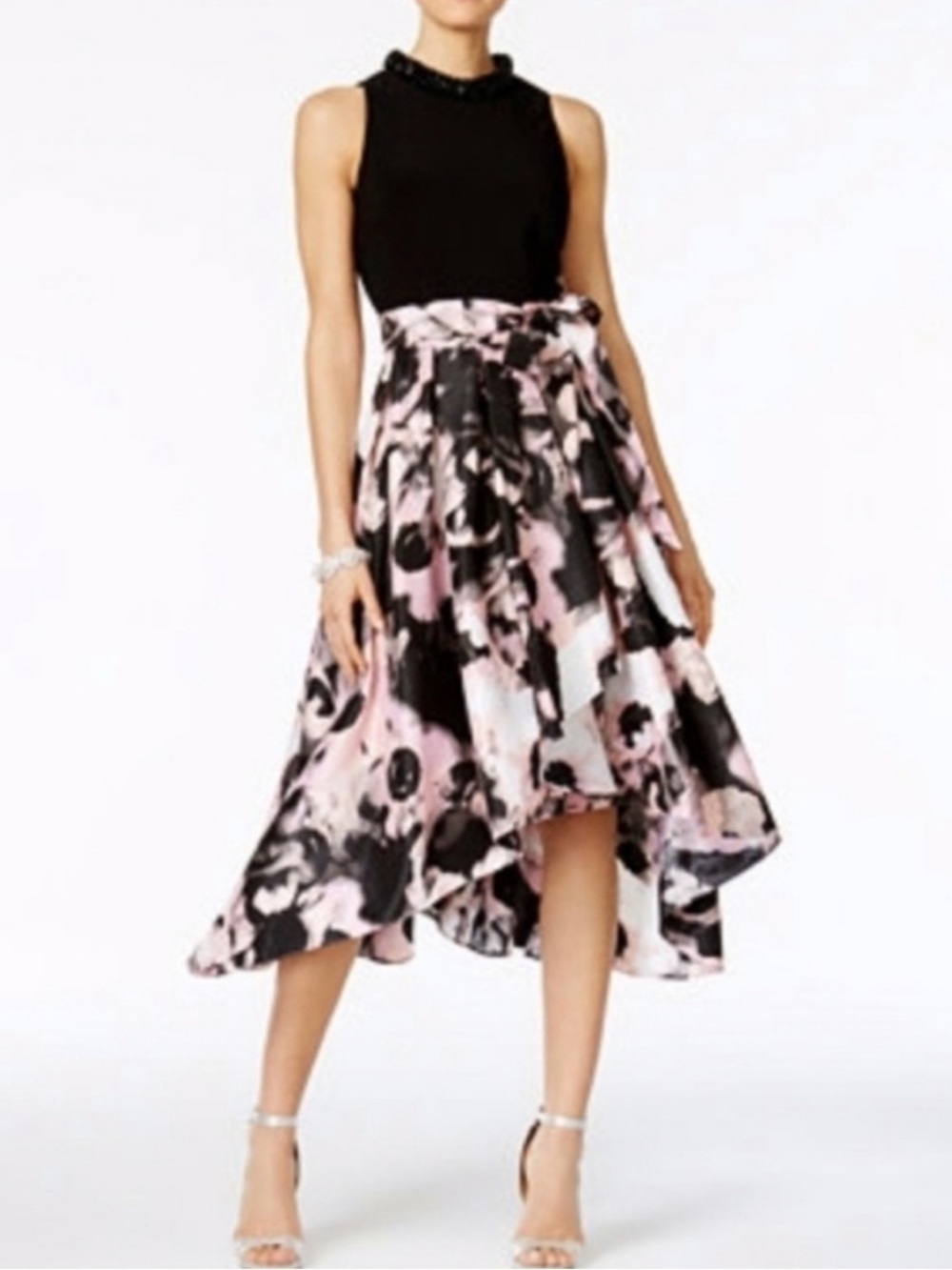 SLNY Pink and Black Sleeveless High-Low Cocktail Dress with High Beaded Collar 2